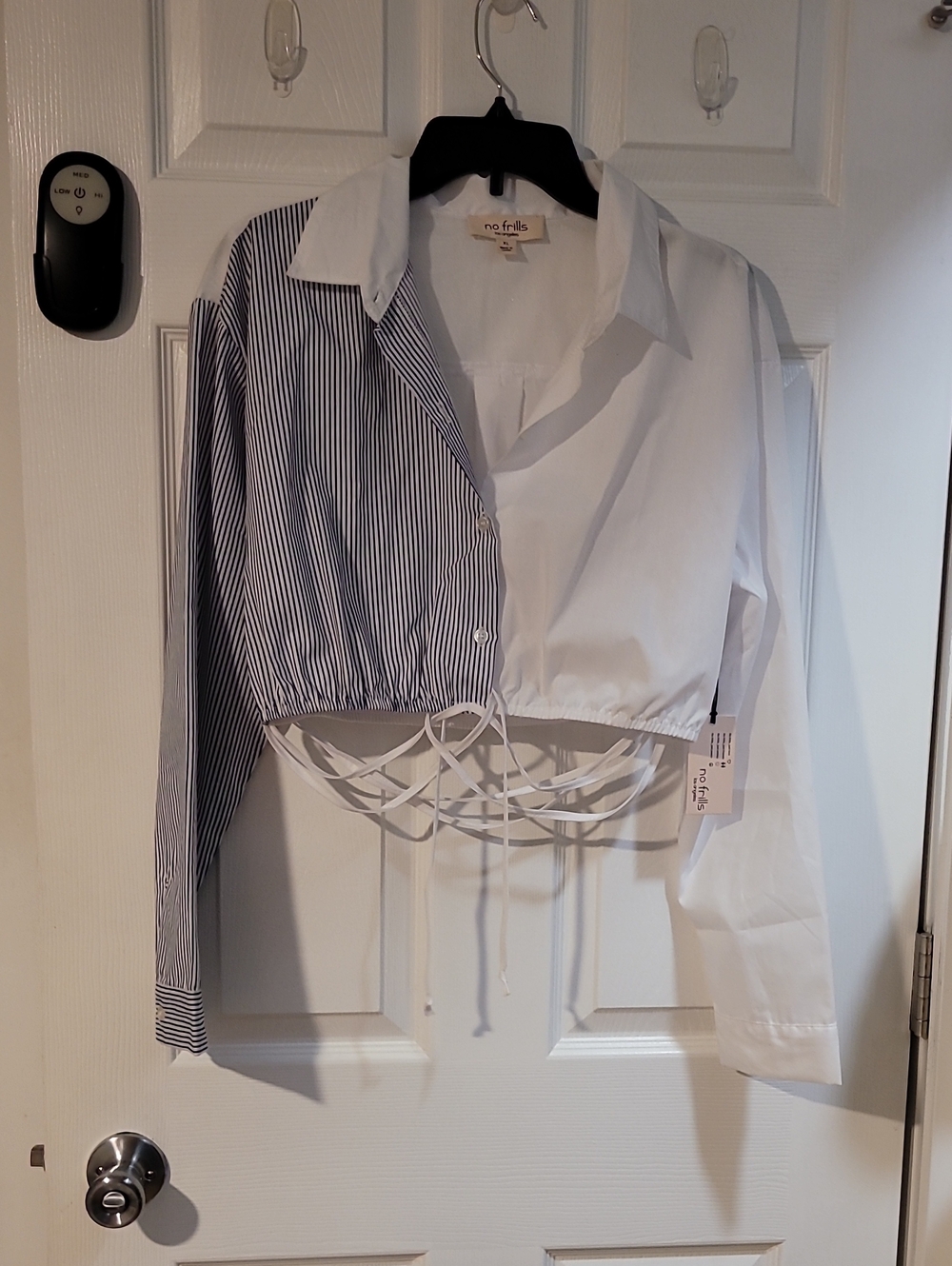 No Frills White and Navy Striped Cropped Button-Down Shirt